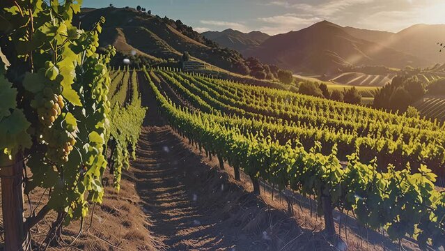 Rows of grape vines extend into the distance with mountains in the background.