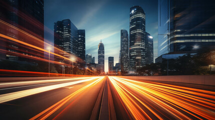 Nighttime Urban Cityscape Illuminated with Vibrant and Dynamic Light Trails from Fast-Moving Traffic on a Bustling Highway Leading Towards the Modern Skyline