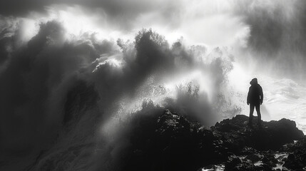 silhouette of a person standing on a mountain with cloud