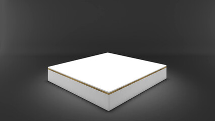 white rectangular stand On the black back flap, gold frame ,mock up podium for product presentation,3D rendering