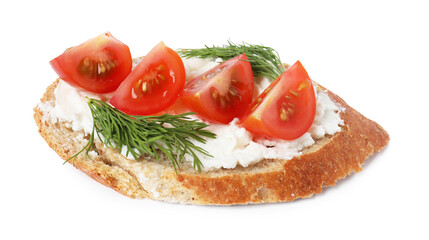 Delicious bruschetta with fresh ricotta (cream cheese), tomato and dill isolated on white
