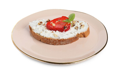 Delicious bruschetta with fresh ricotta (cream cheese), walnuts, strawberry and mint isolated on white