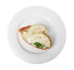 Delicious bruschetta with fresh ricotta (cream cheese), walnuts, mint and pear isolated on white, top view