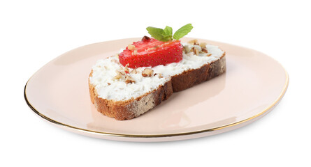Delicious bruschetta with fresh ricotta (cream cheese), walnuts, strawberry and mint isolated on white
