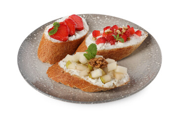 Delicious ricotta bruschettas with pear, strawberry and walnut isolated on white