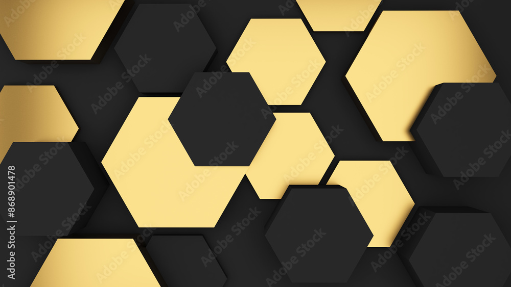 Poster abstract geometric background shapes black and gold hexagon in relief, both high and low used to add