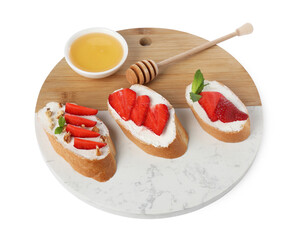 Delicious bruschetta with ricotta cheese, mint, walnuts, strawberries and honey isolated on white