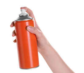 Man with can of spray paint on white background, closeup