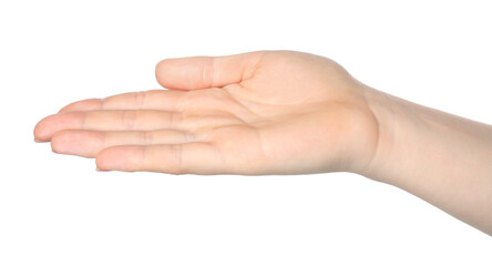 Woman showing hand on white background, closeup