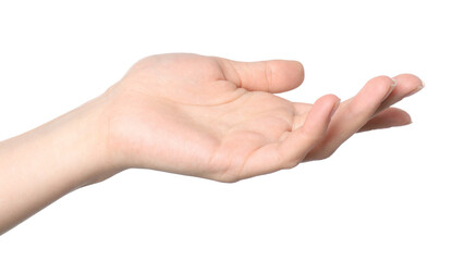 Woman showing hand on white background, closeup