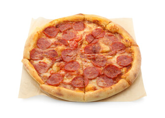 Tasty hot pepperoni pizza isolated on white