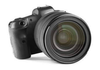 Fototapeta premium Modern camera isolated on white. Photographer's equipment