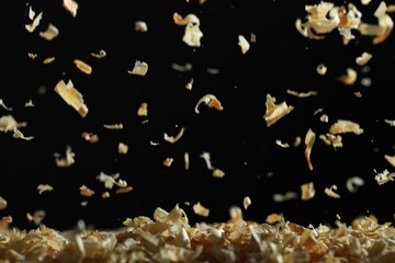 Dry natural sawdust falling on black background