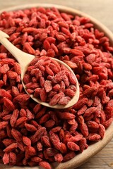 Dried goji berries in bowl and spoon on wooden table, closeup