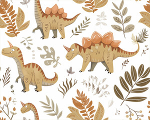 Seamless Cute gift wrapping pattern and wallpaper with dinosaurs, dino background, post card, birthday card room decoration and wallcovering