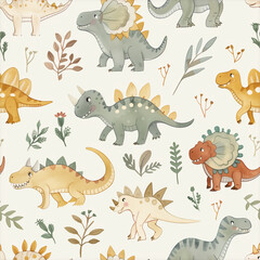 Seamless Cute gift wrapping pattern and wallpaper with different colorful dinosaurs, dino background, post card, birthday card room decoration and wallcovering