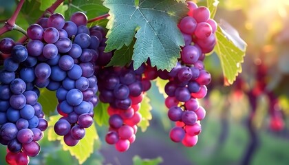 In a vineyard bathed in sunlight, luscious bunches of ripe grapes dangle from the vines, offering the delicious essence of summer's harvest encapsulated in every juicy fruit.
