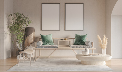 mock up poster frame in interior background, living room. 3D render, 3D illustration