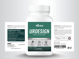 Food supplement vitamin medicine label sticker design dietary drug capsule and tablet modern bottle jar box packaging.
