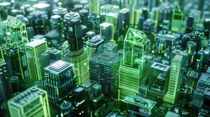 Futuristic green cityscape with glowing buildings, representing advanced technology, sustainability, and urban innovation.