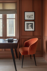 Fototapeta premium Modern Minimalist Home Office with Dark Wood Desk and Terracotta Walls