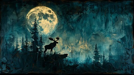 Obraz premium An illustration of the full moon over woods with a moose. 