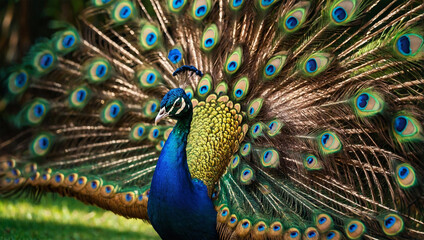 Obraz premium A vibrant peacock with its stunning tail feathers fully fanned out
