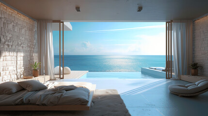 Bedroom beach real smooth stone wall and balcony sea view and blue sky white cloud on the morning