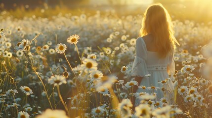 Woman in a field with flowers. Beautiful girl in a field with daisies. 