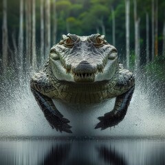 Fototapeta premium a crocodile running in a lagoon, motion blur and fast shutter speed