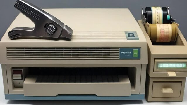 a 1980s-era printer with a dot matrix print head. 