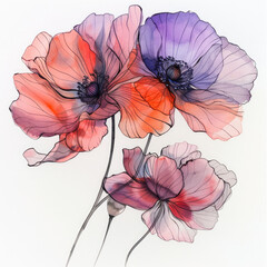 Elegant Watercolor Floral Illustration of Vibrant Poppies in Red and Purple Hues on a White Background