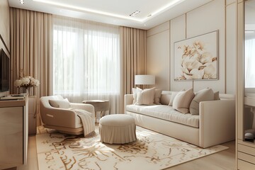 Modern and bright living room interior with stylish sofa, armchair and elegant accessories.  Beige and white room design with window, curtains and stylish decor.