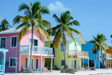 Colorful Caribbean Beach Houses with Palm Trees