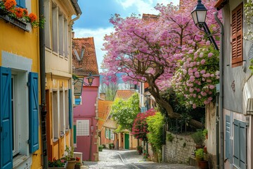 Charming European Street Scene with Blooming Cherry Tree