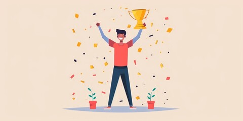 Celebrating Success: A Man Holding a Trophy with Confetti