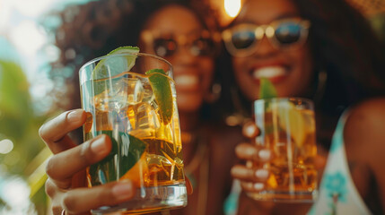 Two friends enjoying refreshing cocktails outdoors, smiling and having a good time with their drinks in focus.