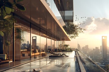 Luxury hotel terrace overlooking the city in the morning