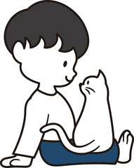ペットの猫が男の子の膝の上に乗っているイラスト素材