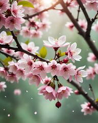 Obraz premium This image shows a cherry blossom branch with lots of pink flowers and hanging buds. The background is blurry, depicting a beautiful natural atmosphere