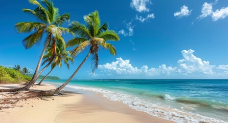 Fototapeta premium Palm Tree Leaning Over Sandy Beach on a Sunny Day