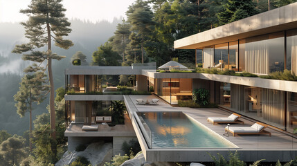 Obraz premium A wooden summer home nestled among trees, with a glimpse of a sparkling lake peeking through the summer sky