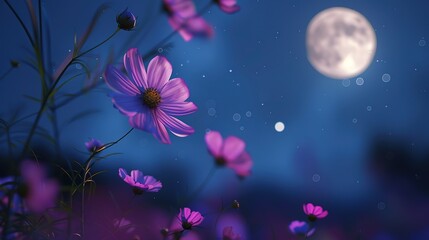 Romantic night scene - Beautiful pink flower blossom in garden with night skies and full moon. cosmos flower in night 