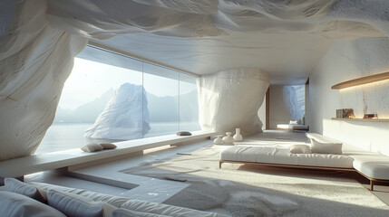 Sunlight streams through a large window in a luxurious empty bedroom with modern wooden furniture