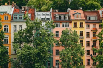 Fototapeta premium Row of Colorful Buildings with Lush Green Trees