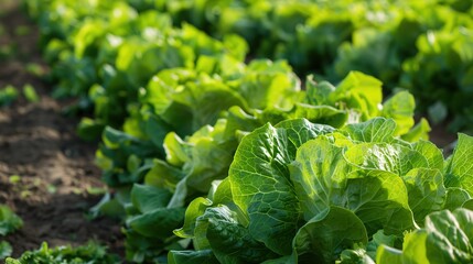 Rows of salad on a large agriculture field with sun  