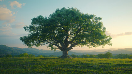 Obraz premium A majestic tree stands alone in a vast meadow, surrounded by distant rolling hills under the soft, golden light of a setting sun.