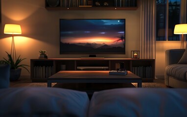 Interior of modern living room at night