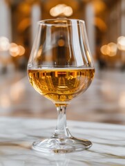 Obraz premium Whiskey glass with amber liquid and blurred background