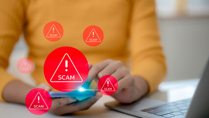 Scam alert, software warning fraud, cyber security. Hacker detection cyber attack on computer network, virus, spyware, malware, malicious software and cybercrime, online website. Protect information